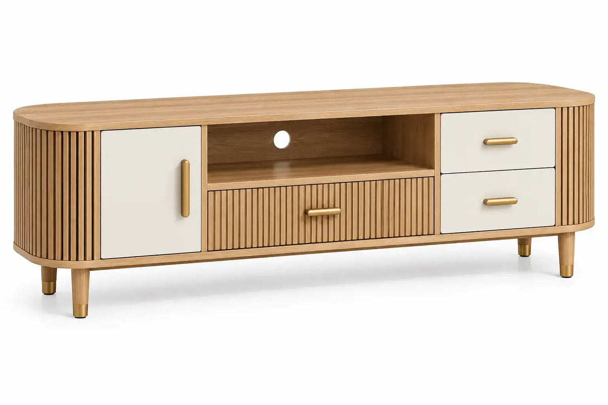 Mueble bajo para televisión con detalles de líneas verticales y estantes, marrón y blanco