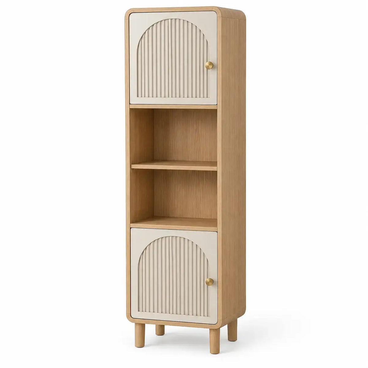 Estantería con almacenamiento con formas arqueadas y detalles de líneas verticales, blanco y marrón