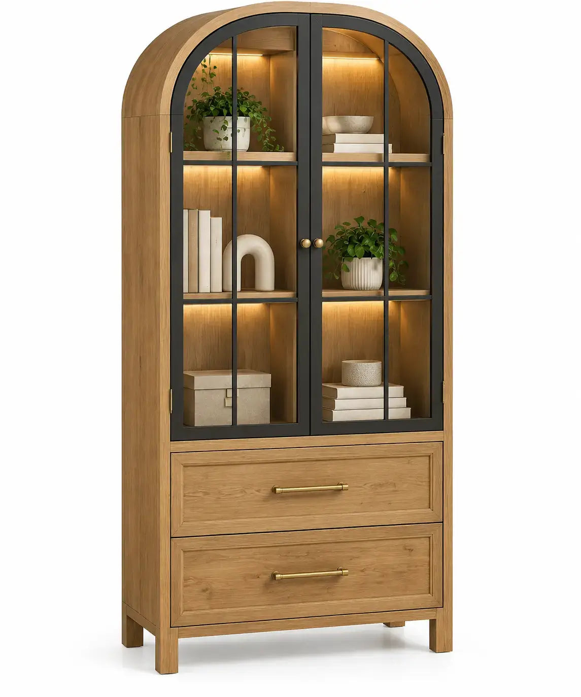 Vitrina de almacenamiento con formas arqueadas, marrón y negro