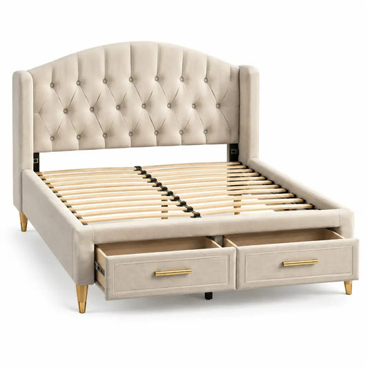 Estructura de cama con cabecero con botones decorativos y cajones, beige y marrón