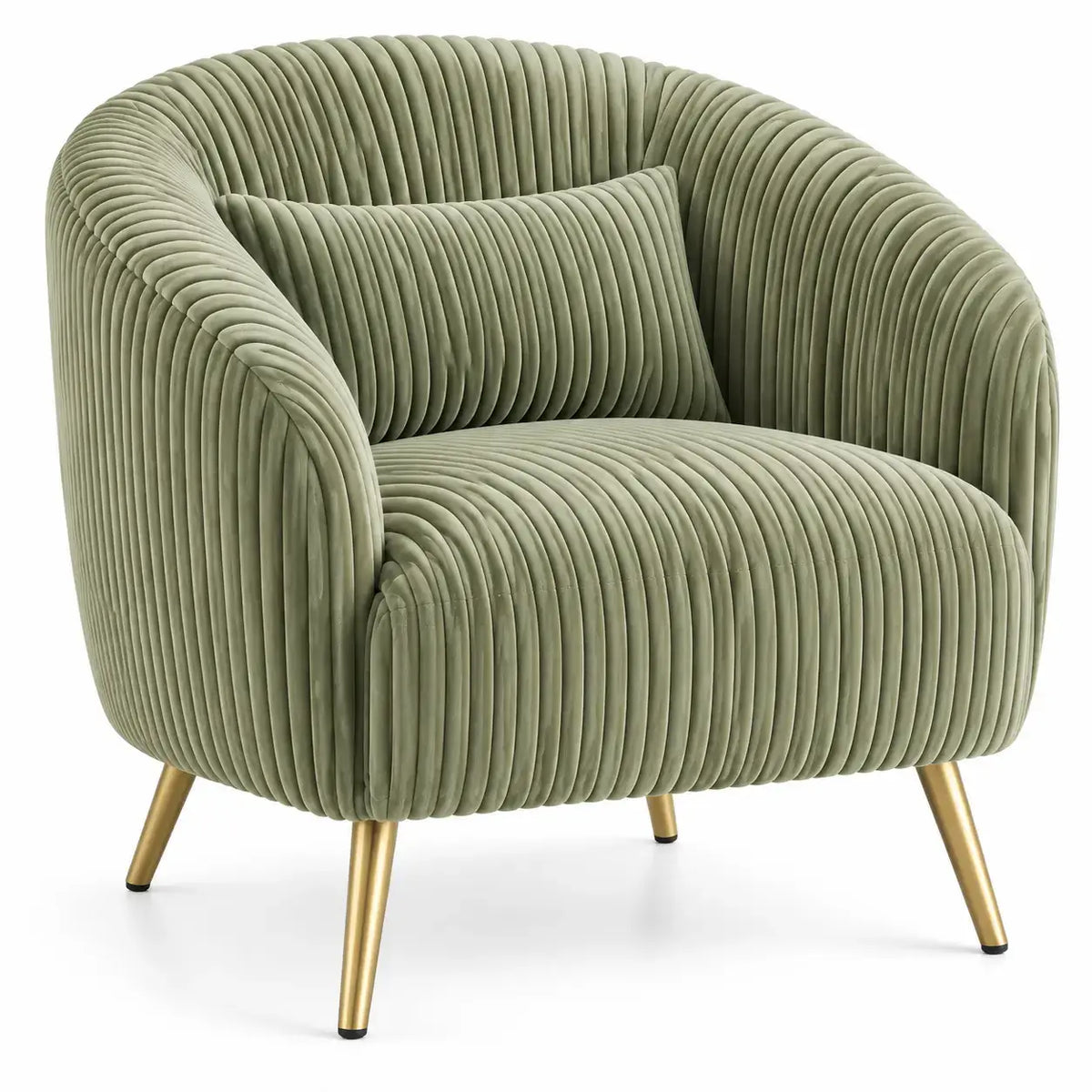 Sillón tapizado con detalles de líneas verticales, verde y dorado