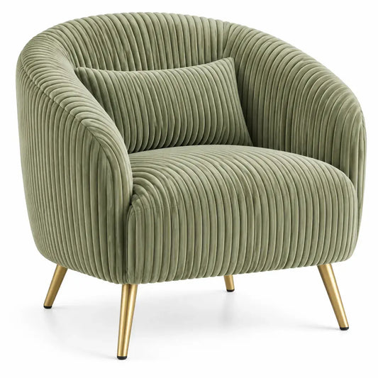 Sillón tapizado con detalles de líneas verticales, verde y dorado